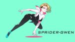  1girl aqua_background artist_name black_bodysuit blonde_hair blue_eyes bodysuit character_name closed_mouth dated highres hooded_bodysuit looking_at_viewer marvel midair multicolored_bodysuit multicolored_clothes pose short_hair simple_background smile solo spider-gwen spider-man:_into_the_spider-verse spider-man_(series) spider_web_print superhero unapril undercut white_bodysuit 