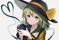  1girl :3 blush eyebrows_visible_through_hair green_eyes green_hair happiness_lilys hat heart heart_of_string highres komeiji_koishi looking_at_viewer medium_hair shirt simple_background smile solo third_eye touhou upper_body v white_background yellow_shirt 