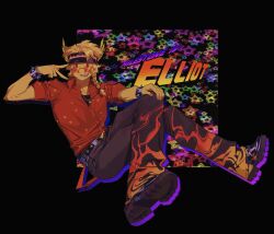  1boy belt black_belt black_pants black_shoes black_visor bracelet braid crossed_legs elliot_(roblox) forsaken_(roblox) full_body hand_up highres jewelry knees_up no_medic1ne open_mouth pants red_shirt roblox shirt shoes side_braid smile spiked_bracelet spikes star-shaped_eyewear star_(symbol) sunglasses v 