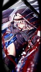  1girl absurdres arknights ascot belt belt_buckle black_belt black_dress black_hat blood blood_splatter buckle capelet clothing_cutout coif dress grey_ascot grey_capelet grey_hair hat highres hiroko129 nun pointy_hat red_eyes shoulder_strap solo specter_(arknights) thigh_cutout thigh_strap thighs two-sided_fabric two-sided_headwear underwater vignetting 