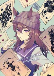  1girl animal_ears beanie bow bowtie brown_hair candy card closed_mouth dated dream_journey_(umamusume) ears_through_headwear fenomeno_(umamusume) food gold_ship_(umamusume) grey_hat happy_birthday hat hi_(ibisf5umauma) highres horse_ears lollipop long_hair long_sleeves looking_at_viewer nakayama_festa_(umamusume) orfevre_(umamusume) playing_card purple_shirt revision sailor_collar shirt smile solo twitter_username umamusume upper_body violet_eyes 