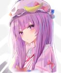  1girl :/ absurdres bangs blunt_bangs blush bright_pupils crescent crescent_hat_ornament eyebrows_visible_through_hair hat hat_ornament highres long_hair lshiki mob_cap patchouli_knowledge purple_hair simple_background solo striped touhou upper_body vertical_stripes violet_eyes white_background 