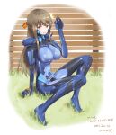  1girl bow braid breasts brown_hair commission covered_navel crown_braid dated flower fortified_suit hair_bow hair_flower hair_ornament highres large_breasts looking_at_viewer muvluv muvluv_alternative open_hand orange_bow orange_eyes original pilot_suit skeb_commission smile solo tsutarou white_flower 