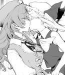  2girls beret closed_eyes eyebrows_visible_through_hair eyes_visible_through_hair flandre_scarlet from_side greyscale hat hat_ornament highres hong_meiling kiss long_hair mob_cap monochrome multiple_girls one_side_up pointy_ears profile risui_(suzu_rks) simple_background star_(symbol) star_hat_ornament touhou upper_body white_background yuri 
