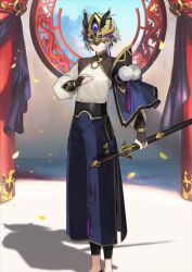  1boy arm_at_side bishounen black_shoes blue_eyes bridal_gauntlets chinese_clothes chinese_knot closed_mouth clothing_cutout expressionless fate/grand_order fate_(series) feet_out_of_frame game_cg hand_on_own_chest holding holding_sheath holding_sword holding_weapon horned_mask hou_(ppo) leaf long_sleeves looking_at_viewer male_focus mandarin_collar mask no_socks official_art pants pom_pom_(clothes) prince_of_lan_ling_(fate) puffy_long_sleeves puffy_sleeves rope sheath sheathed shirt shoes short_hair side_slit solo sword tassel third-party_source variant_set weapon white_hair 
