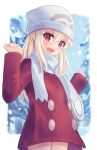  1girl bangs beanie blush breasts buttons cosplay dawn_(pokemon)_(cosplay) fate/kaleid_liner_prisma_illya fate_(series) hair_between_eyes hat hikari_(pokemon) illyasviel_von_einzbern jacket long_hair long_sleeves looking_at_viewer open_mouth pan_korokorosuke pokemon pokemon_(game) pokemon_dppt red_eyes red_jacket scarf sidelocks small_breasts smile solo white_hair white_headwear white_scarf 