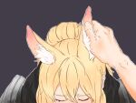  1girl animal_ear_fluff animal_ears arknights bangs blonde_hair closed_eyes commentary_request eyebrows_visible_through_hair hand_on_another&#039;s_head highres horse_ears nearl_(arknights) reindkk simple_background 