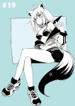  1girl :o animal_ears aqua_theme bangs bare_shoulders blue_background blush bow bra braid commentary_request crossed_legs earrings eyebrows_visible_through_hair fox_ears fox_girl fox_tail hair_between_eyes hair_bow hololive jacket jewelry kurose_kousuke long_hair looking_at_viewer monochrome open_clothes open_jacket pentagram shirakami_fubuki shoes sidelocks simple_background single_braid skirt sneakers solo tail underwear virtual_youtuber 