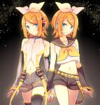  2girls akiyoshi_(tama-pete) blonde_hair blue_eyes bow detached_sleeves dual_persona hair_bow headphones holding_hands kagamine_rin kagamine_rin_(append) midriff multiple_girls neckerchief parted_lips sailor_collar short_hair shorts vocaloid vocaloid_append 