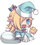  1girl :d aqua_capelet aqua_coat aqua_headwear blonde_hair blue_eyes blush_stickers capelet chibi christmas coat commentary crown fur-trimmed_capelet fur_trim hair_over_one_eye hat holding holding_sack long_hair long_sleeves lowres meme open_mouth padoru_(meme) rosalina sack santa_hat simple_background smile solo standing super_mario_bros. tifa-amakura twitter_username white_background 