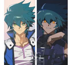  1boy black_background blue_hair blue_vest cocaduel glowing glowing_eyes green_eyes highres johan_andersen male_focus medium_hair muscular muscular_male pink_background purple_shirt shirt simple_background spiky_hair vest watermark yellow_eyes yu-gi-oh! yu-gi-oh!_gx 
