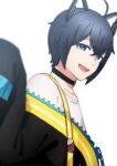  1boy :d ahoge bangs black_choker black_hair blue_eyes blurry blurry_foreground choker copyright_request depth_of_field eyebrows_visible_through_hair from_side hair_between_eyes hand_up headgear highres kitasaya_ai long_sleeves looking_at_viewer looking_to_the_side male_focus o-ring o-ring_choker off_shoulder open_clothes shirt simple_background sleeves_past_fingers sleeves_past_wrists smile solo teeth upper_body upper_teeth virtual_youtuber white_background white_shirt 