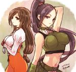  2girls bodysuit breasts brown_eyes brown_hair choker closed_mouth crossover dragon_quest dragon_quest_xi final_fantasy final_fantasy_ix garnet_til_alexandros_xvii gloves jewelry long_hair looking_at_viewer low-tied_long_hair martina_(dq11) multiple_girls navel necklace orange_bodysuit peso_kongari ponytail purple_hair very_long_hair violet_eyes 