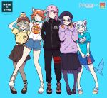  5girls alternate_costume baseball_cap blue_background closed_eyes full_body grin hat hololive hololive_english holomyth jacket looking_at_viewer multiple_girls omocat one_eye_closed sharp_teeth shirt simple_background skirt sleeves_past_wrists smile standing t-shirt teeth track_jacket track_suit virtual_youtuber 