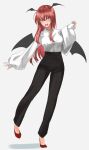  1girl :d absurdres alternate_costume arm_up bangs bat_wings black_pants blush breasts buttons collared_shirt commentary_request demon_girl demon_tail demon_wings eyeshadow fangs full_body grey_background head_wings high_heels highres jnakamura1182 koakuma large_breasts long_hair long_sleeves looking_at_viewer lower_teeth makeup open_mouth pants puffy_sleeves red_eyes red_eyeshadow red_footwear redhead shadow shirt simple_background smile solo standing standing_on_one_leg tail teeth tongue touhou white_shirt wing_collar wings 