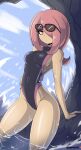  1girl bigdead breasts covered_navel cowboy_shot expressionless eyeshadow eyewear_on_head hair_over_one_eye half-closed_eyes highres little_witch_academia long_hair looking_at_viewer makeup medium_breasts one-piece_swimsuit purple_hair solo sucy_manbavaran sunglasses swimsuit violet_eyes water wet 