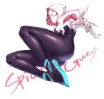  1girl absurdres ass black_bodysuit bodysuit character_name dated full_body highres hooded_bodysuit lxkate marvel mask midair multicolored_bodysuit multicolored_clothes silk simple_background skin_tight solo spider-gwen spider-man:_into_the_spider-verse spider-man_(series) spider_web spider_web_print superhero tight white_background white_bodysuit 