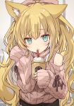  1girl :o animal_ear_fluff animal_ears bangs bare_shoulders black_pants blonde_hair bow brown_sweater clothing_cutout commentary_request cup disposable_cup drinking_straw eyebrows_visible_through_hair fox_ears fox_girl fox_tail green_eyes hair_bow hand_up holding holding_cup kamiyoshi_rika long_hair long_sleeves original pants parted_lips pink_bow ponytail ribbed_sweater shoulder_cutout sleeves_past_fingers sleeves_past_wrists solo sweat sweater tail very_long_hair 