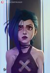  1girl arcane:_league_of_legends artist_name asymmetrical_bangs bangs bare_shoulders blue_hair braid brown_background choker closed_mouth cloud_tattoo collarbone crying green_hair grey_background highres jinx_(league_of_legends) league_of_legends long_hair looking_at_viewer patreon_logo patreon_username pink_eyes portrait red_lips shiny shiny_hair solo streaming_tears tears tomwlod upper_body 