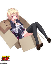  1boy absurdres black_capelet black_skirt black_thighhighs blonde_hair blush box capelet cardboard_box copyright_name crossdressing fang gasper_vladi high_school_dxd high_school_dxd_hero high_school_dxd_operation_paradise_infinity highres official_art pointy_ears red_eyes red_skirt school_uniform shirt short_hair simple_background skirt solo thigh-highs white_background white_shirt 