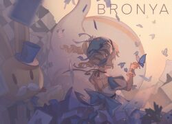  1girl blue_bow blue_butterfly bow bronya_zaychik bug butterfly card character_name dress drill_hair grey_hair homu_(honkai_impact) honkai_(series) honkai_impact_3rd meichu playing_card puffy_short_sleeves puffy_sleeves short_sleeves solo twin_drills white_dress 