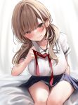  1girl blue_eyes blue_skirt blush breasts brown_hair commentary_request eyebrows_visible_through_hair highres large_breasts long_hair looking_at_viewer nekomugiharu original red_neckwear school_uniform shirt short_sleeves sitting skirt smile solo thighs white_shirt 