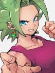  1girl blue_eyes collarbone dragon_ball dragon_ball_super earrings fingernails green_hair grey_background jewelry kefla_(dragon_ball) kemachiku looking_at_viewer potara_earrings short_hair simple_background solo super_saiyan upper_body 