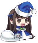  1girl :d blue_capelet blue_coat blue_headwear blush_stickers brown_eyes brown_hair capelet chibi christmas coat commentary fruits_basket fur-trimmed_capelet fur_trim hat holding holding_sack honda_tooru long_hair long_sleeves lowres meme open_mouth padoru_(meme) sack santa_hat sidelocks simple_background smile solo standing tifa-amakura twitter_username white_background 