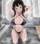  1girl :o alternate_breast_size armpits arms_behind_head ass_visible_through_thighs bangs bikini black_hair blunt_bangs blush breasts collarbone groin highleg highleg_bikini highres kurosawa_dia large_breasts long_hair looking_at_viewer love_live! love_live!_sunshine!! mole mole_under_mouth navel onsen open_mouth outdoors solo standing steam straight_hair swimsuit tem10 very_long_hair wading water wet 