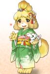  1girl alternate_costume animal_crossing animal_ears animal_nose barefoot blonde_hair blue_eyes blush body_fur commentary_request dog_ears dog_girl dog_tail furry furry_female green_kimono hair_ornament heart isabelle_(animal_crossing) japanese_clothes kimono long_sleeves looking_at_viewer obi open_mouth sash setouchi_kurage smile solo tail topknot wide_sleeves yellow_fur 