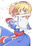  1girl absurdres alice_margatroid bangs blonde_hair blue_dress blue_eyes breasts capelet dress eyebrows_visible_through_hair hair_between_eyes hairband highres kaitojaja19980520 large_breasts red_hairband short_hair short_sleeves simple_background solo touhou white_background 