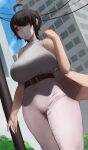  1girl absurdres ahoge bag bangs bare_shoulders belt black_hair blue_sky breasts building bush dutch_angle from_below ghostdoctor handbag highres large_breasts mask mouth_mask original outdoors pants pink_pants pole red_eyes short_hair sky sleeveless standing sweater_vest 