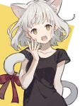  1girl animal_ear_fluff animal_ears black_shirt bow cat_ears cat_girl cat_tail collarbone commentary hana_moto hand_up highres open_mouth original red_bow shirt short_hair short_sleeves solo tail tail_bow tail_ornament teeth upper_body white_background white_hair yawning yellow_background yellow_eyes 