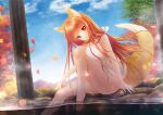  1girl ainili animal_ears autumn_leaves bangs bare_arms bare_legs bare_shoulders barefoot blue_sky blush breasts closed_mouth clouds commentary_request commission day eyebrows_visible_through_hair fox_ears fox_girl fox_tail knee_up large_breasts leaf long_hair looking_at_viewer maple_leaf mountain naked_towel orange_hair original outdoors red_eyes sitting skeb_commission sky smile solo tail towel tree very_long_hair water 