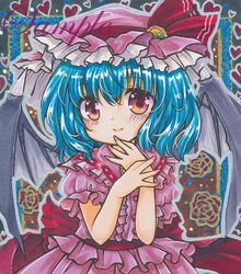  1girl back_bow bat_wings black_wings blue_hair bow brooch center_frills closed_mouth eyebrows_visible_through_hair floral_background frilled_bow frilled_hairband frilled_shirt frilled_shirt_collar frills green_brooch hair_between_eyes hairband hand_to_own_mouth hat hat_ribbon heart heart_background jewelry looking_at_viewer marker_(medium) mob_cap pink_headwear pink_shirt pink_skirt puffy_short_sleeves puffy_sleeves red_bow red_eyes red_ribbon remilia_scarlet ribbon rose_background rui_(sugar3) sample shiny shiny_hair shirt short_hair short_sleeves skirt smile solo touhou traditional_media wings 