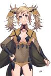  1girl absurdres ahoge alternate_hairstyle ass_visible_through_thighs bangs blonde_hair bodystocking breasts bridal_gauntlets cape closed_mouth covered_navel fire_emblem fire_emblem_heroes gold_panties grey_eyes highres holding holding_cape holding_clothes looking_at_viewer medium_breasts ophelia_(fire_emblem) runteya solo thighs turtleneck twintails upper_body 