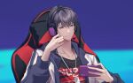  1boy bangs black_shirt chair closed_mouth dog_tags fengtu_ad gaming_chair hand_on_own_cheek hand_on_own_face headphones highres holding holding_phone jacket jersey long_sleeves marius_von_hagen_(tears_of_themis) open_clothes open_jacket phone purple_hair shirt short_hair smile solo tears_of_themis violet_eyes white_jacket 