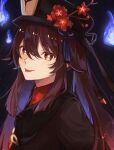  1girl bangs black_background black_headwear brown_eyes brown_hair closed_mouth eula_(genshin_impact) eyebrows_visible_through_hair flower genshin_impact hair_between_eyes hat hat_flower long_hair looking_at_viewer q_89umi red_flower shiny shiny_hair smile solo tongue tongue_out upper_body very_long_hair 