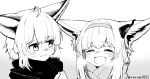  2girls :d ^_^ ahoge animal_ear_fluff animal_ears arknights bangs blush breath closed_eyes commentary_request eyebrows_visible_through_hair fox_ears greyscale hairband highres monochrome multiple_girls scarf sidelocks smile sussurro_(arknights) suzuran_(arknights) upper_body white_background yom_(ymayma00ss) 