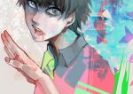  1boy absurdres bangs black_eyes black_hair blood blood_on_face blue_background collared_shirt green_background grey_shirt hand_up highres kaneki_ken kyuuba_melo looking_at_viewer male_focus multicolored_background open_mouth shirt short_hair teeth tokyo_ghoul tokyo_ghoul:re tongue upper_body upper_teeth 