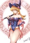  1girl absurdres bangs bare_shoulders blonde_hair breasts cosplay cowboy_shot dark_magical_circle dark_magician_girl dark_magician_girl_(cosplay) dated highres holding holding_wand large_breasts long_hair nakagawa_kanon_(pixiv32798535) solo tenjouin_asuka wand yu-gi-oh! yu-gi-oh!_gx 