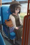  1girl backpack bag black-framed_eyewear black_dress black_hair blue_eyes blush bob_cut brown_headwear closed_mouth commentary_request day dress glasses hat highres holding jacket long_sleeves looking_away looking_down mimikaki_(men_bow) nintendo_switch open_clothes open_jacket original semi-rimless_eyewear short_hair sitting smile solo train_interior under-rim_eyewear white_jacket 