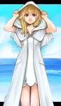 1girl blonde_hair blue_eyes closed_mouth clouds dress hood hood_up hoodie kingdom_hearts kingdom_hearts_ii long_hair looking_at_viewer namine shibe smile solo water white_dress 