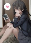  1girl bangs black_hair blazer blush book bow bowtie breasts commentary_request glasses heart jacket long_hair looking_at_viewer original pleated_skirt ryouma_(galley) sitting skirt smile solo yellow_eyes 