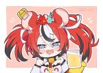  1girl :d @_@ animal_ears bare_shoulders beer_mug black_collar black_hair blush_stickers chibi collar commentary crop_top cup drunk english_commentary hakos_baelz hololive hololive_english kukie-nyan layered_sleeves looking_at_viewer mouse_ears mouse_girl mr._squeaks_(hakos_baelz) mug multicolored_hair open_mouth redhead smile solo spiked_collar spikes streaked_hair twintails twitter_username virtual_youtuber white_hair 