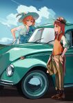  2girls absurdres alternate_costume animal_ears aqua_eyes blue_eyes bow bowtie brown_hair car commentary ears_through_headwear english_commentary fuyukayui gloves grass_wonder_(umamusume) ground_vehicle hat headwear_request highres horse_ears horse_girl horse_tail long_hair looking_at_viewer motor_vehicle multiple_girls orange_hair sidelocks taiki_shuttle_(umamusume) tail umamusume vehicle_request vest white_gloves 