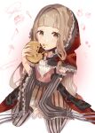  1girl :o artist_request bad_id bad_pixiv_id bangs blonde_hair character_name crepe food food_on_face highres holding holding_food long_hair long_sleeves looking_at_viewer open_mouth red_hood red_riding_hood_(sinoalice) simple_background sinoalice sitting smile solo striped striped_legwear thigh-highs wariza white_background yellow_eyes 
