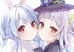  2girls animal_ear_fluff animal_ears bangs black_capelet black_gloves black_headwear blue_hair braid capelet commentary_request don-chan_(usada_pekora) eyebrows_visible_through_hair gloves grey_hair hair_bun hat highres hololive kabi_akaru long_hair looking_at_viewer multicolored_hair multiple_girls murasaki_shion portrait rabbit_ears red_eyes short_eyebrows side_bun simple_background thick_eyebrows twin_braids twintails two-tone_hair usada_pekora virtual_youtuber white_background witch_hat 