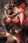  1girl :q alcohol black_eyepatch black_headwear bottle breasts brown_legwear closed_mouth covered_navel cup eyepatch food gloves gz_(gyoju) hair_ribbon hat highres holding holding_cup hololive houshou_marine large_breasts looking_at_viewer meat pirate_hat plate red_eyes red_ribbon redhead ribbon sitting smile solo sweat thigh-highs thighs tongue tongue_out virtual_youtuber white_gloves 
