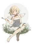  1girl bare_arms barefoot blonde_hair brown_eyes collarbone commentary dress flower full_body grey_background grin hana_moto holding holding_wand looking_at_viewer original short_hair sitting sleeveless sleeveless_dress smile solo wand white_background white_dress white_flower wings 